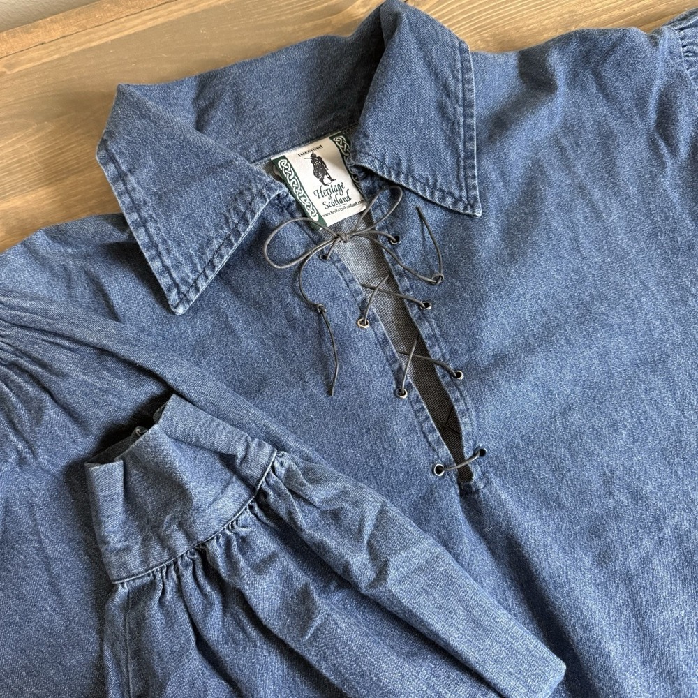 Heritage Of Scotland Womens Medium Blue Denim Collared Lace Up Long Sleeve Dress